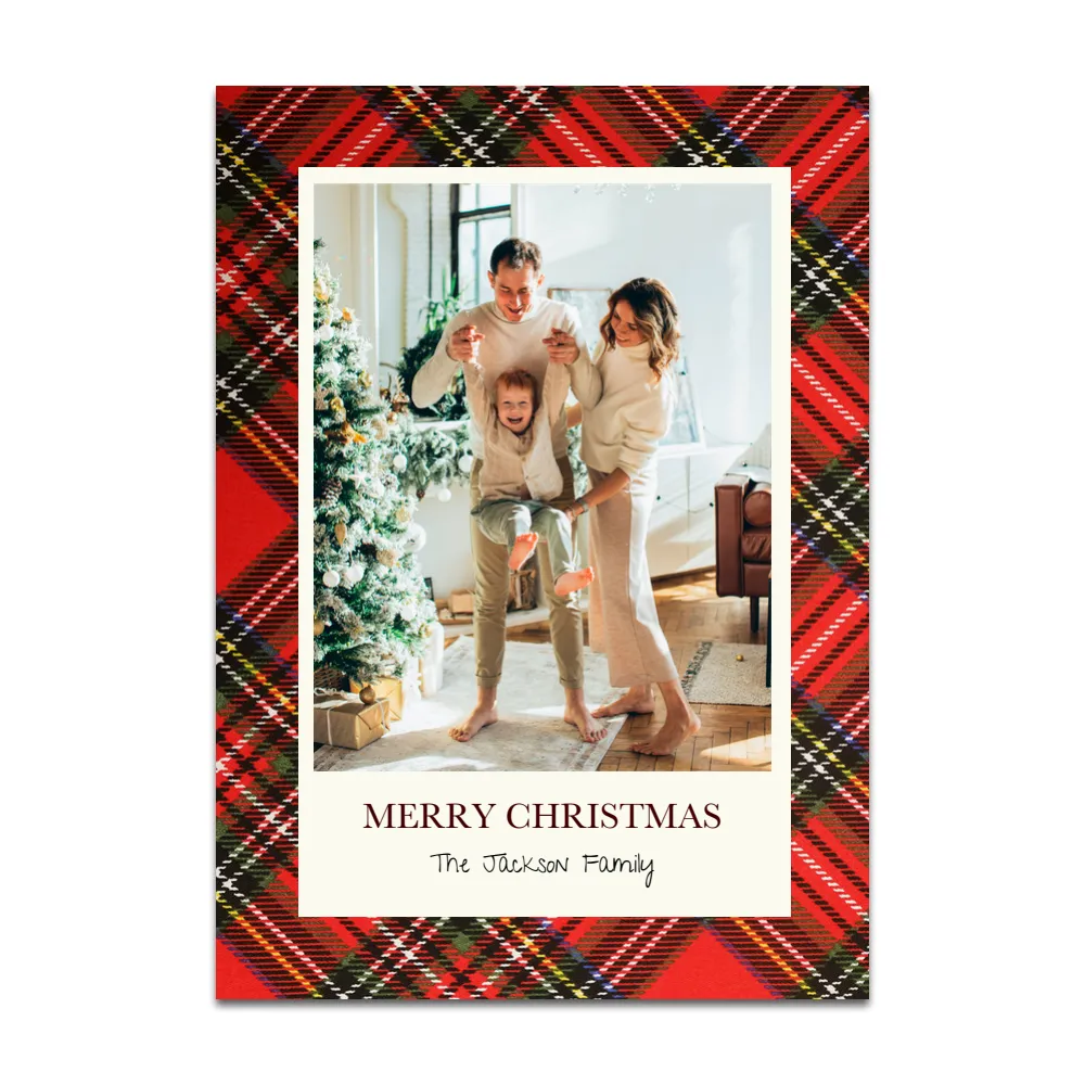Front of the Holiday Plaid 5x7 holiday card with a family photo
