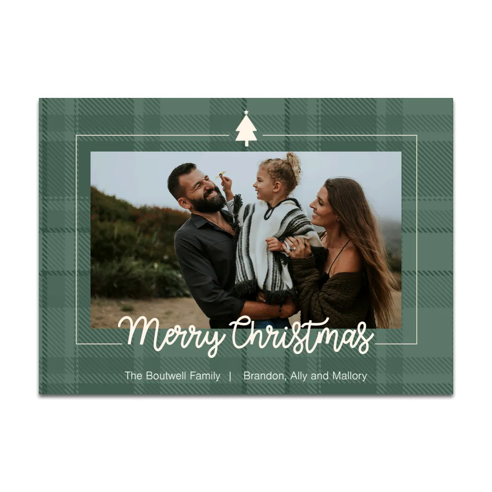 Front of the Evergreen Plaid 7x5 holiday card with a family photo